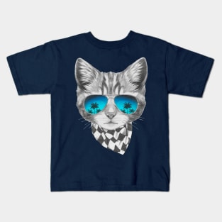 Cat with mirror sunglasses and scarf Kids T-Shirt